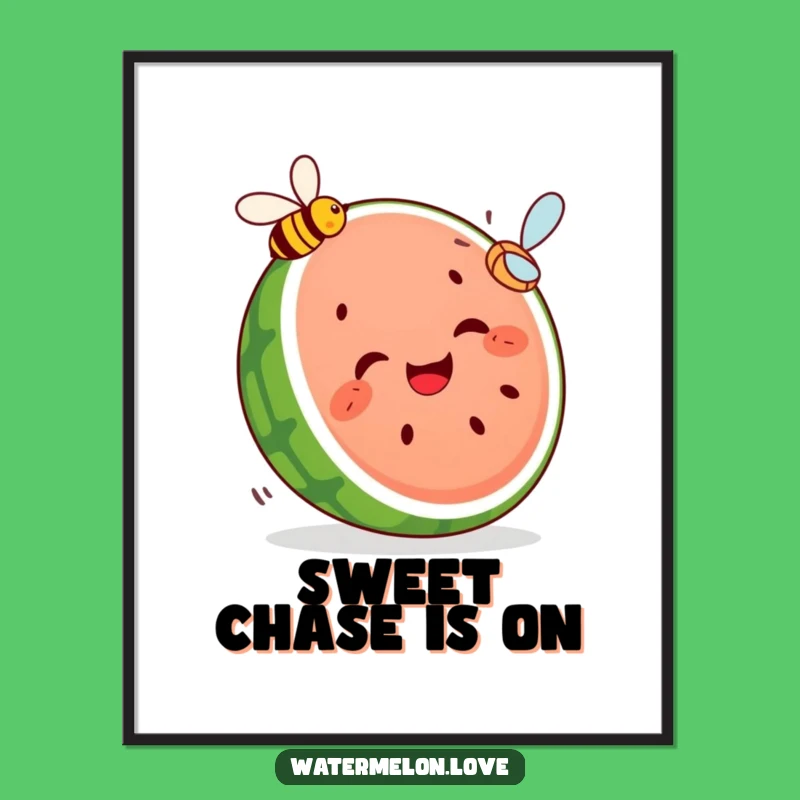 Funny Watermelon Art Poster - Giggling Slice Chasing Bee