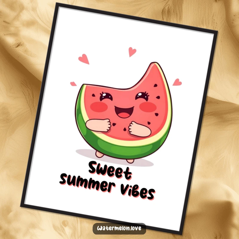 Funny kawaii watermelon slice poster, smiling widely and giving a big juicy hug, vibrant wall art.