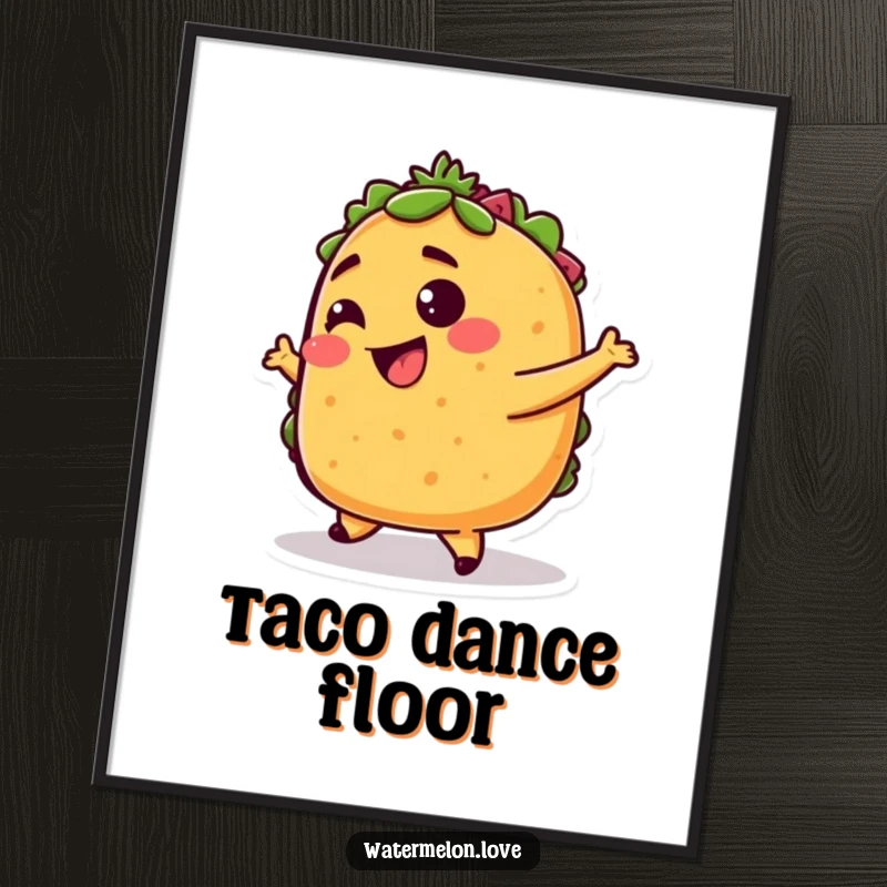 Funny taco poster, lively artwork of anthropomorphic taco dancing with pure glee, colorful and appetizing wall art.
