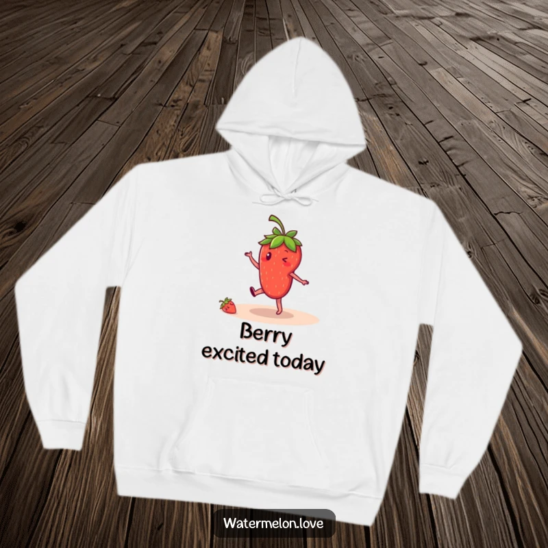 Funny strawberry hoodie, soft and warm with anthropomorphic fruit character doing a cartwheel, cozy and humorous.