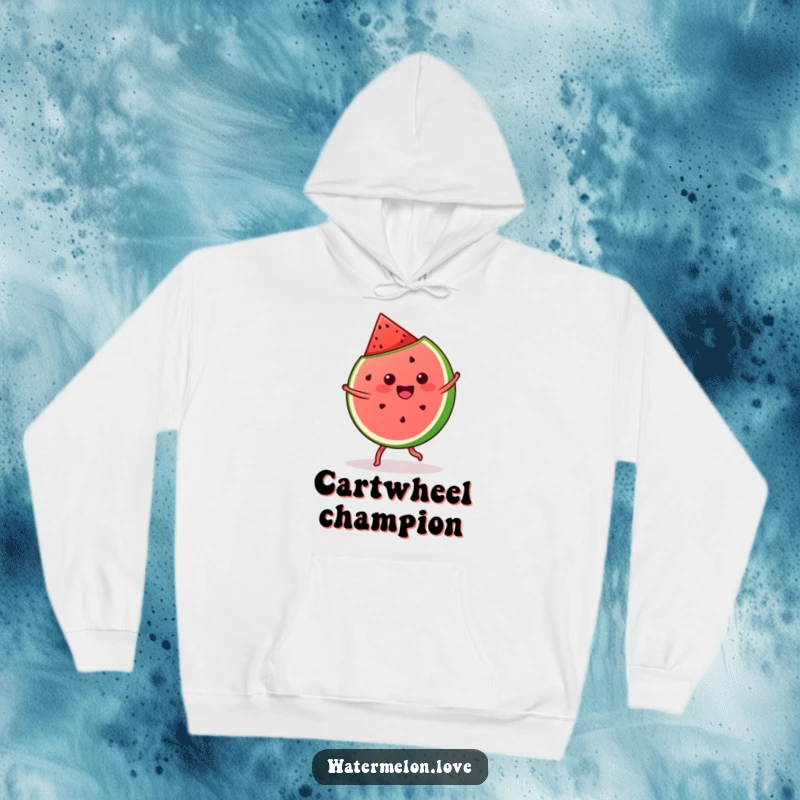 Funny and warm hoodie featuring a kawaii watermelon slice performing an energetic cartwheel with glee.