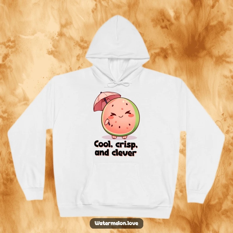 Funny Kawaii watermelon slice hoodie winking and holding a tiny umbrella, offering cozy mischief.