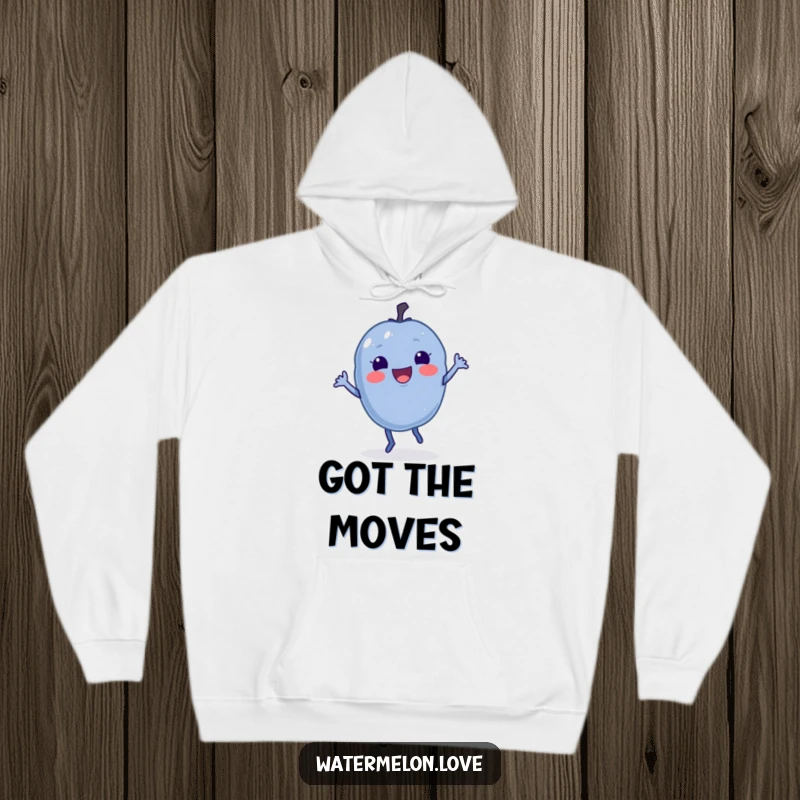 Funny Blueberry Hoodie with a delighted berry doing a jig, offering cozy comfort and cheerful vibes.