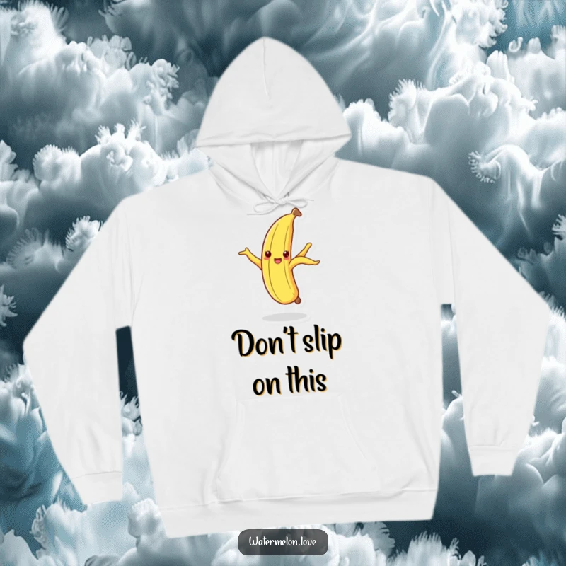 Funny dancing banana peel hoodie, a cozy garment featuring a cheerful fruit peel in a silly dance.