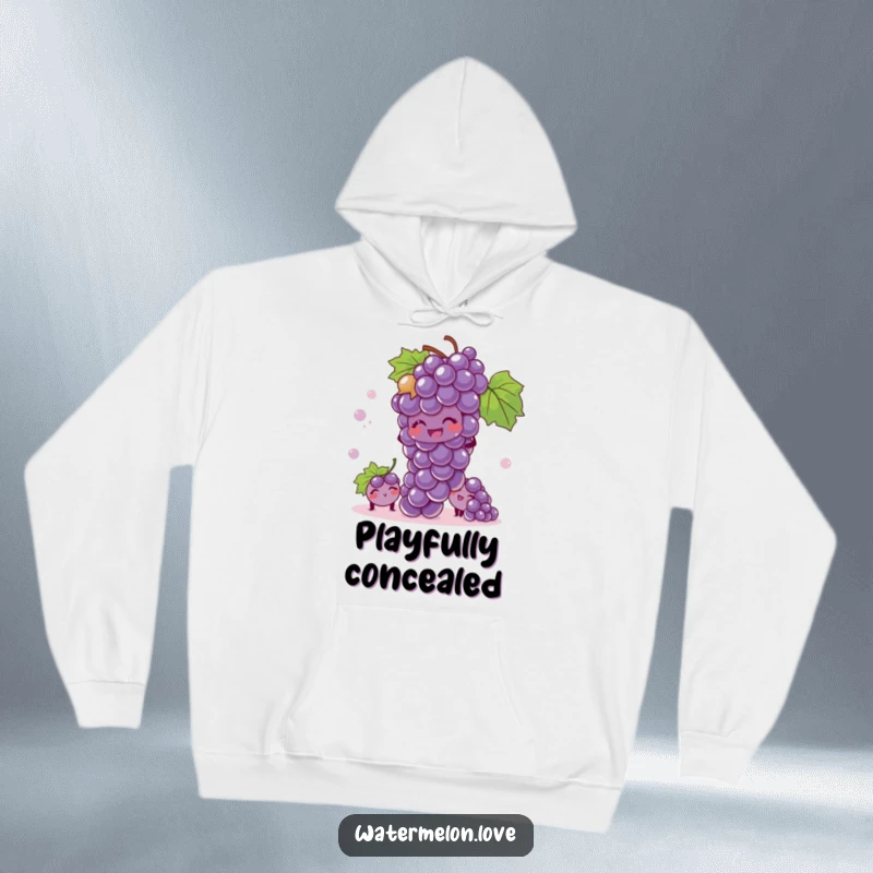 Funny hoodie featuring a giggling bunch of grapes peeking out, playing hide-and-seek with cozy charm.