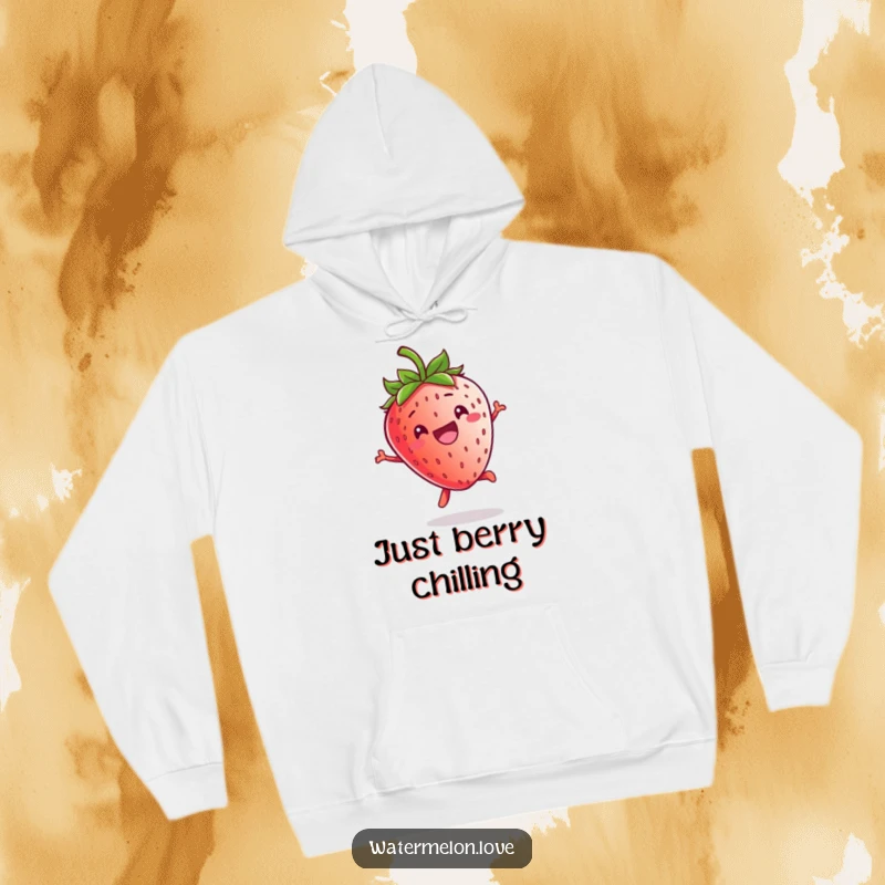 Funny Kawaii Strawberry Hoodie: A cute, grinning strawberry character performing a playful jump, radiating happiness and warmth.