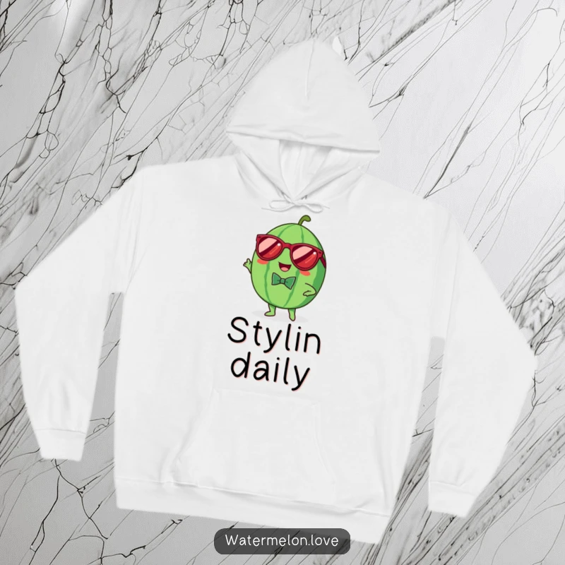 Funny hoodie with a cheerful Kawaii watermelon in sunglasses and a bowtie, striking a pose that’s both cool and cozy.