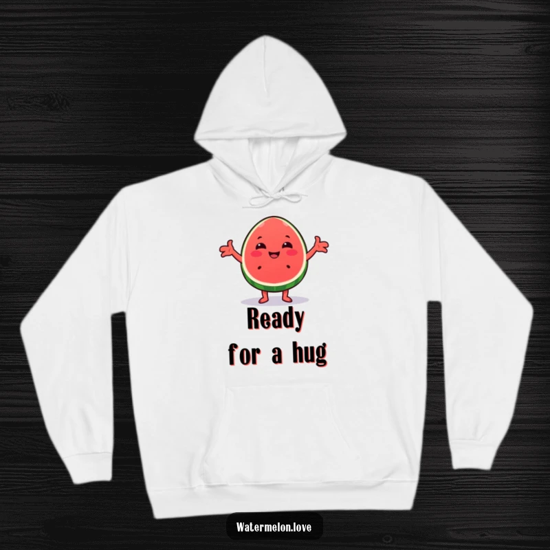 Funny Kawaii watermelon wedge hoodie, with arms outstretched in a loving, cheerful hug, providing cozy warmth.