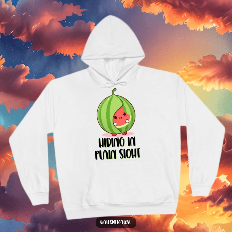 Cute watermelon character hoodie peeking from behind a large, leafy green backdrop, offering warmth and a touch of playful hide-and-seek.
