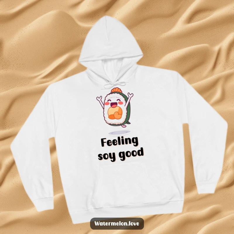 Funny sushi hoodie, warm and soft with anthropomorphic sushi character leaping with glee, comfortable and humorous.