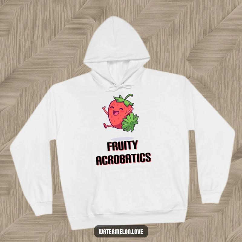 Hoodie featuring a giggling, anthropomorphic strawberry doing a cartwheel, radiating pure fun and playful energy.