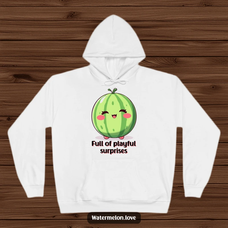 Funny winking watermelon hoodie, a comfortable garment featuring a whole fruit with a playful wink and bounce.