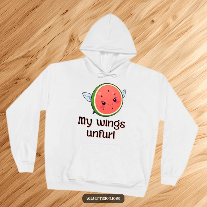 Funny and warm hoodie featuring a kawaii watermelon slice with a determined look attempting to fly, embodying ambition.