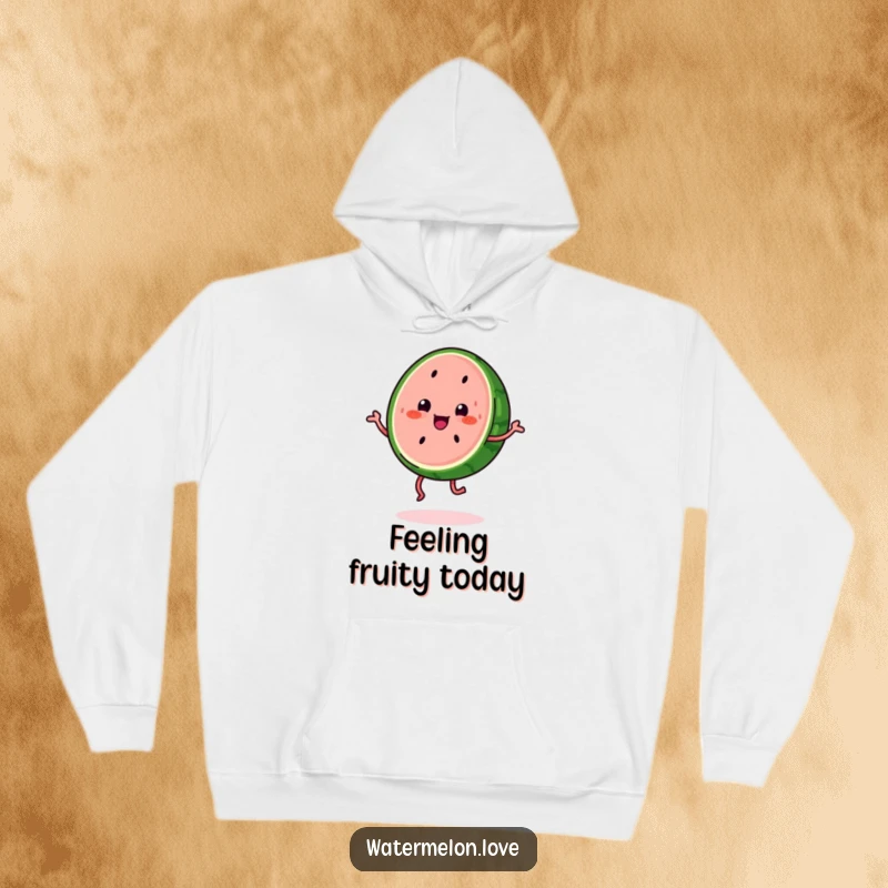 Funny kawaii watermelon slice with visible legs doing a happy jig, a cozy and humorous hoodie.