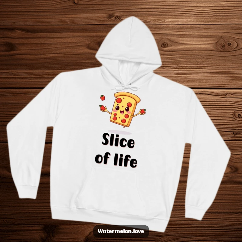 Funny pizza hoodie, warm and soft with anthropomorphic pizza slice juggling pepperoni, comfortable and humorous.