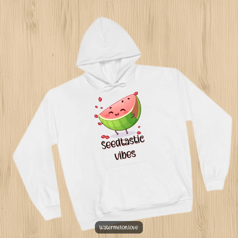 Funny watermelon hoodie, a smiling slice of fruit with tiny legs, juggling seeds with excitement, perfect for cozy days.