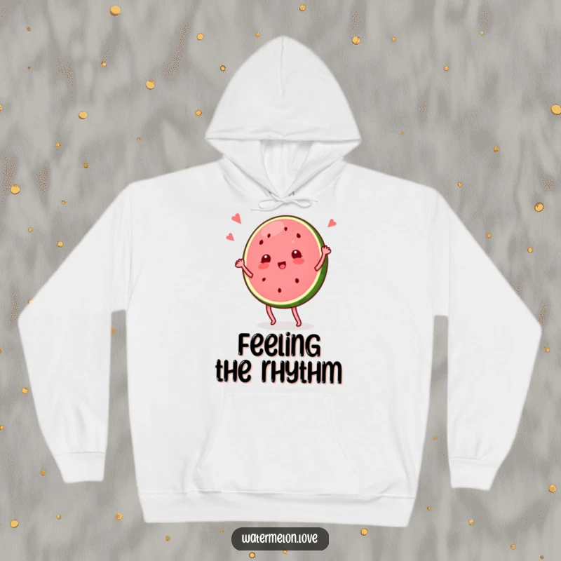 Funny hoodie showcasing a watermelon slice character joyfully performing a silly dance, embodying carefree fun and vibrant energy.