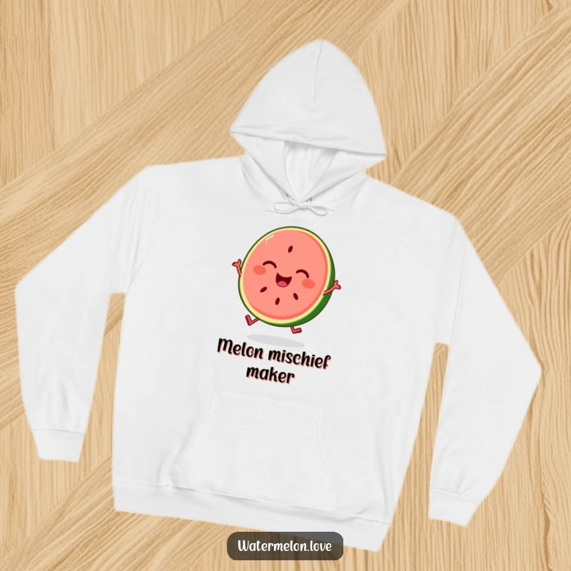 Hoodie featuring a smiling, anthropomorphic watermelon slice bouncing exuberantly, radiating happiness and summer cheer.