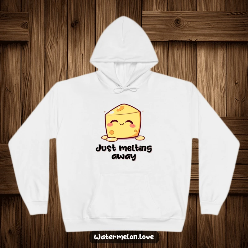 Funny Kawaii Melting Cheese Hoodie: A blissfully melting cheese character designed for maximum coziness and humorous relaxation.