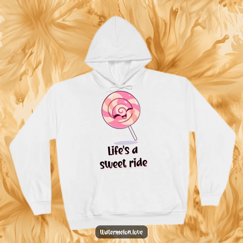 Funny hoodie featuring a happy, winking anthropomorphic lollipop in a spin, offering cozy sweetness and cheerful style.
