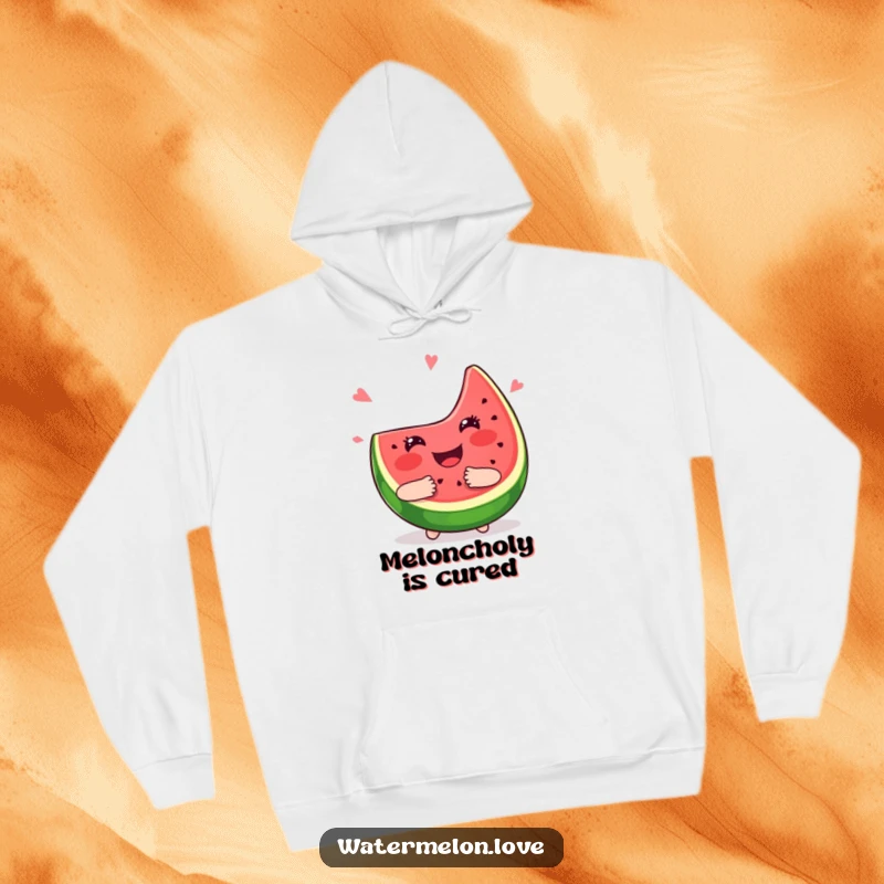 Funny kawaii watermelon slice hoodie, smiling and offering a big juicy hug, comfortable and warm apparel.