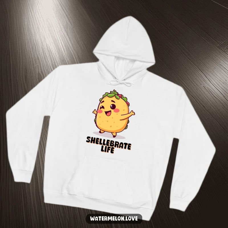 Funny taco hoodie, warm and soft with anthropomorphic taco character dancing with delight, comfortable and humorous.