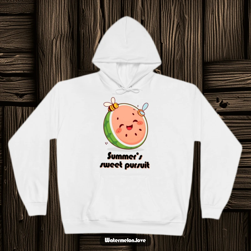 Funny hoodie displaying a segmented, giggling watermelon slice playfully chasing after a flying bee, a whimsical and humorous fruit-themed design.