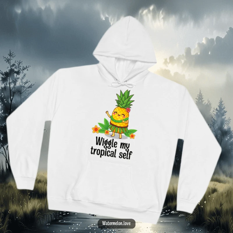 Funny Hoodie: Pineapple in a hula skirt dancing, warm and cozy design, a fun funny gift.