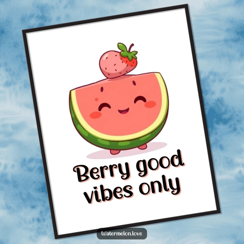 Funny free printable wall art of a happy watermelon slice balancing a tiny, smiling berry on its head with perfect poise.