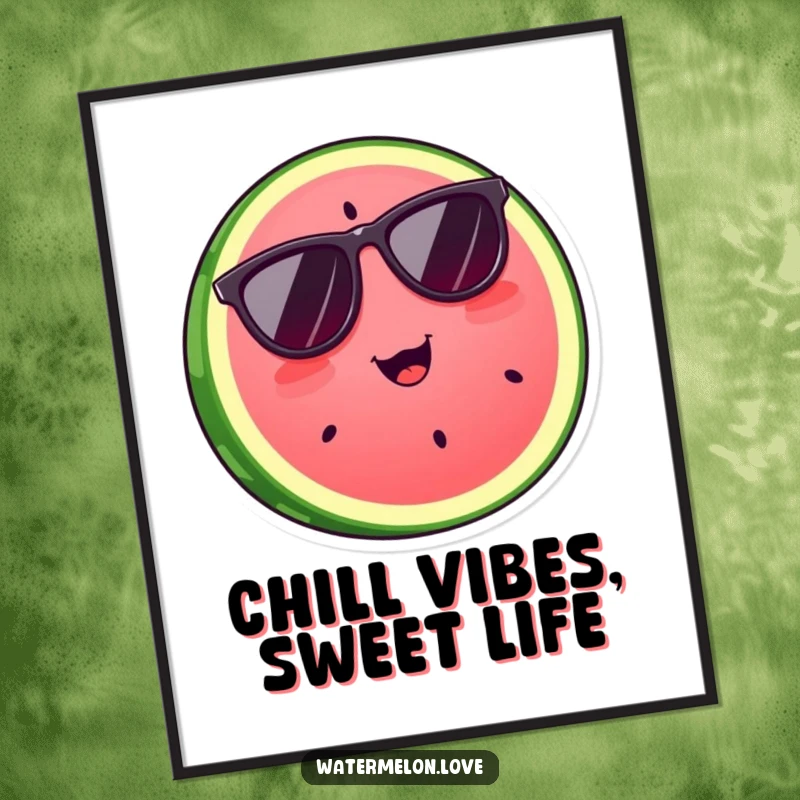 Funny free printable wall art of a delighted watermelon slice wearing cool sunglasses, radiating effortless cool.