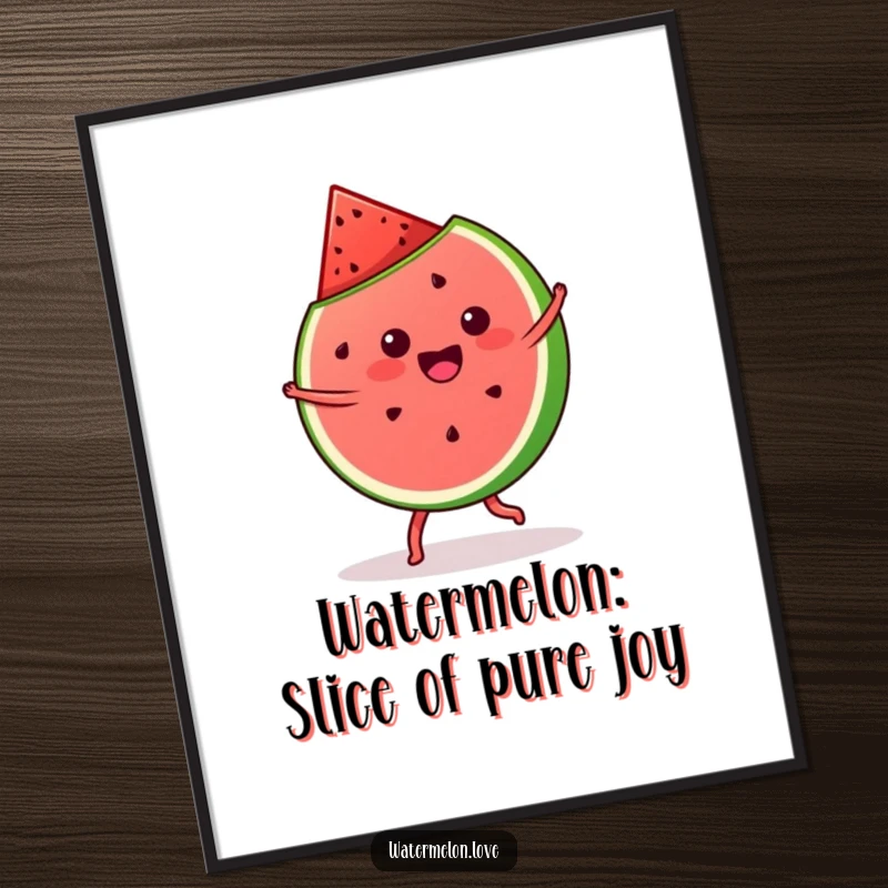 Funny Free Printable Wall Art: A kawaii watermelon slice is captured mid-cartwheel, radiating pure, unadulterated glee.