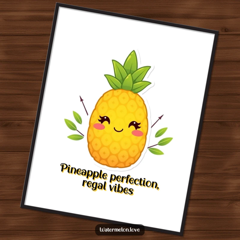 Funny Free Printable Smiling Pineapple Wearing Tiny Leafy Crown as Printable Wall Art.