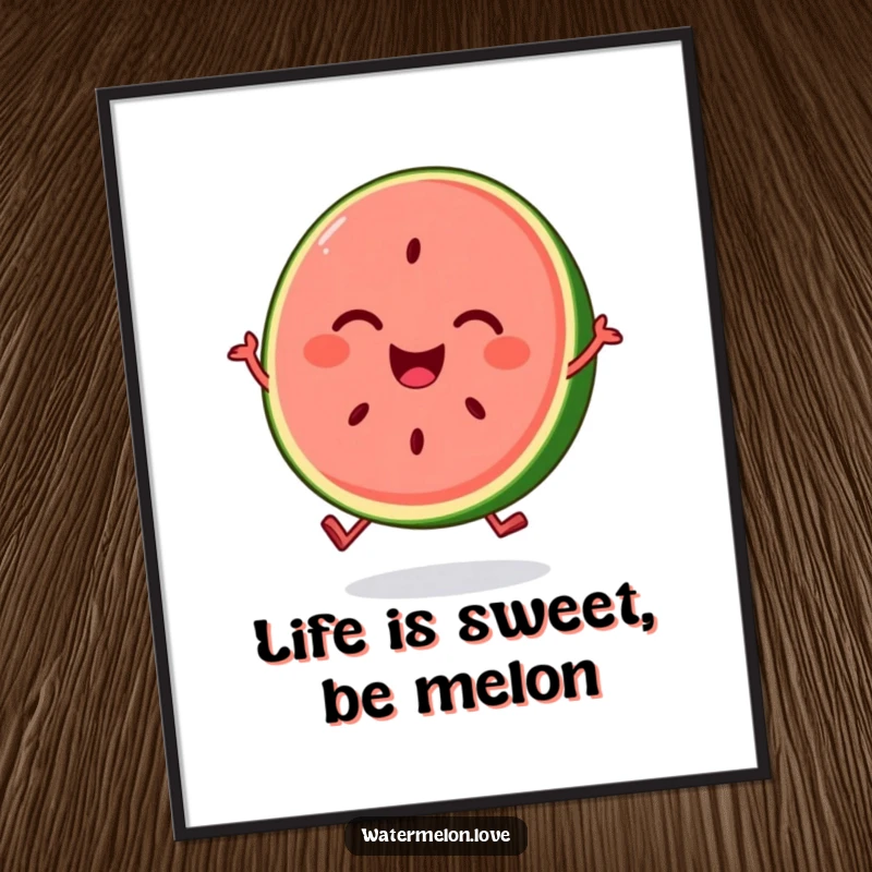 Funny Free Printable Wall Art: A smiling watermelon slice bounces with joy, a downloadable piece of vibrant, humorous art.