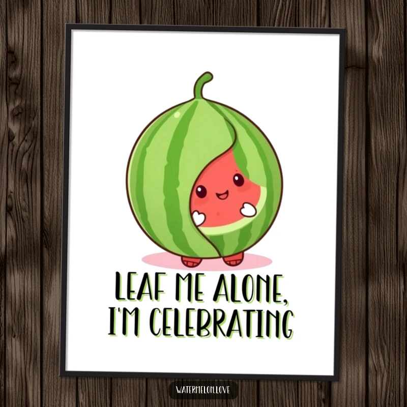 Funny free printable wall art showcasing a cute watermelon character with a mischievous grin peeking from behind a large, friendly leaf.