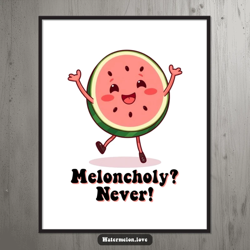 Funny free printable wall art of a cheerful watermelon slice doing a goofy, energetic, bouncy dance with infectious joy.