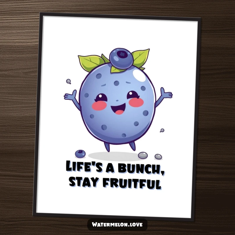 Funny Free Printable Wall Art: An anthropomorphic blueberry gleefully juggling tiny seeds, perfect for a lively room.