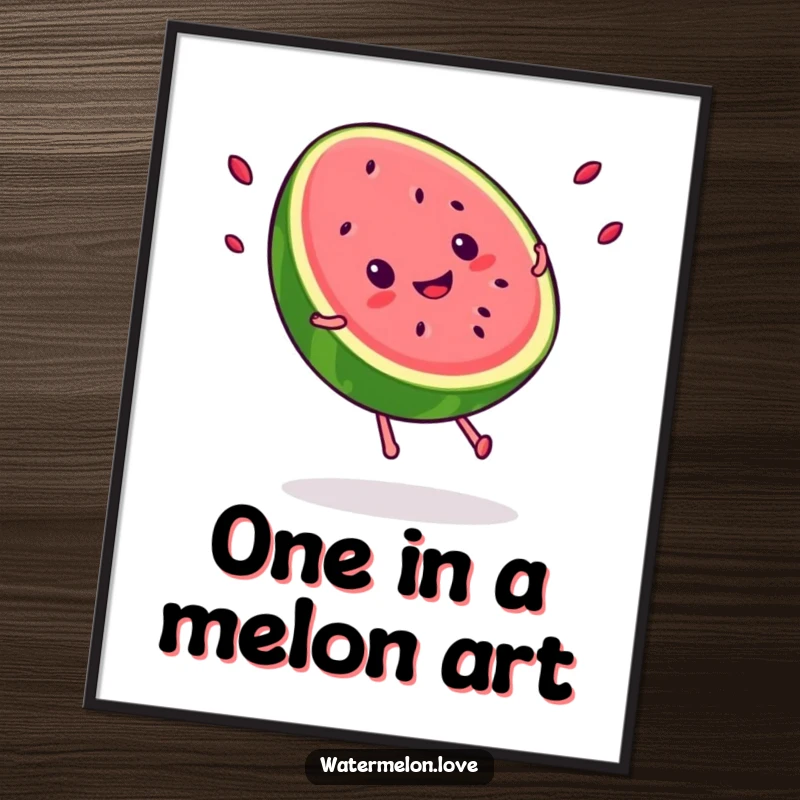 Funny Free Printable Wall Art: Kawaii smiling watermelon slice doing a cartwheel with seeds flying, bringing vibrant, playful energy to decor.