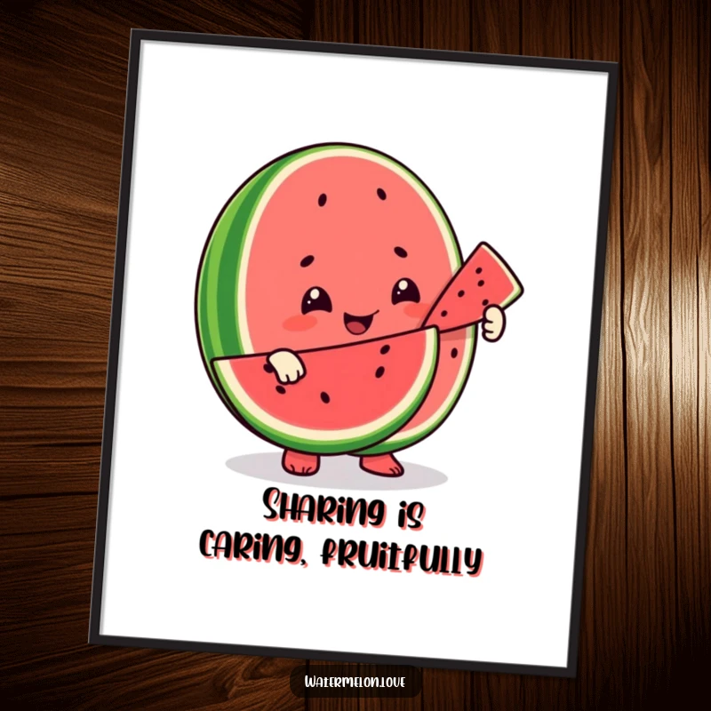 Funny Free Printable Wall Art: A cheerful watermelon character with a bright smile offers a slice to another fruit, embodying friendship.