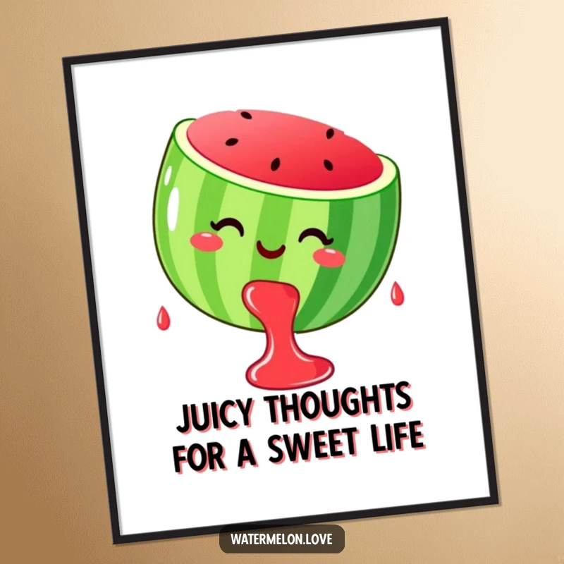 Funny Free Printable Wall Art: a stylized, smiling watermelon dripping happy, glistening juice drops.