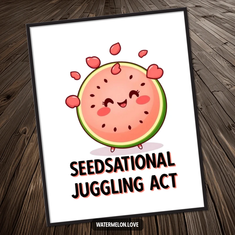 Funny Free Printable Wall Art: A kawaii watermelon slice with a smile skillfully juggles multiple seeds, creating a whimsical display.
