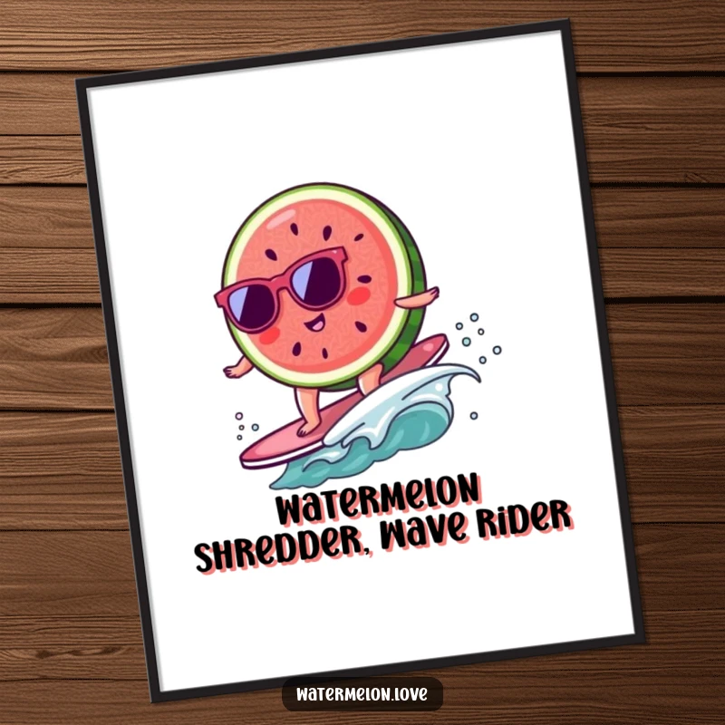 Funny Free Printable Wall Art: A kawaii watermelon slice with sunglasses skillfully surfs a tiny wave, embodying cool beach vibes.