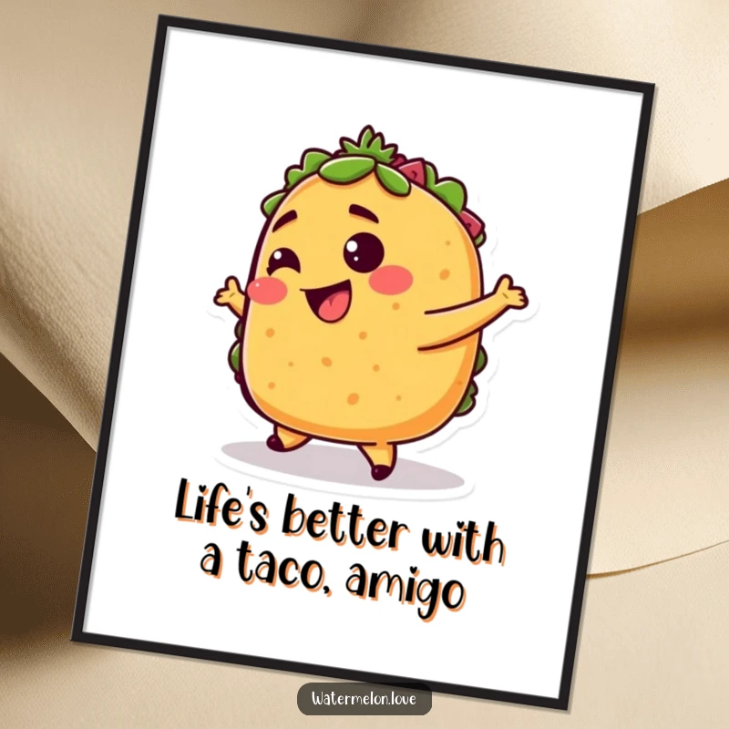 Funny Free Printable Wall Art: A giggling anthropomorphic taco doing a lively little dance, radiating pure fun.