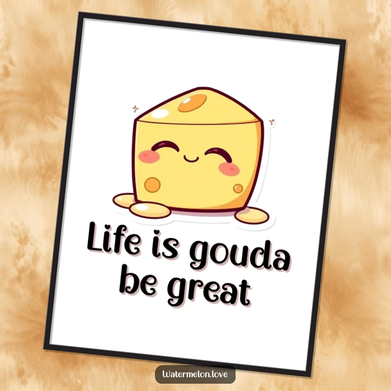 Funny Free Printable Wall Art: A kawaii cheese slice with eyes closed, melting peacefully in a state of pure cheesy bliss.