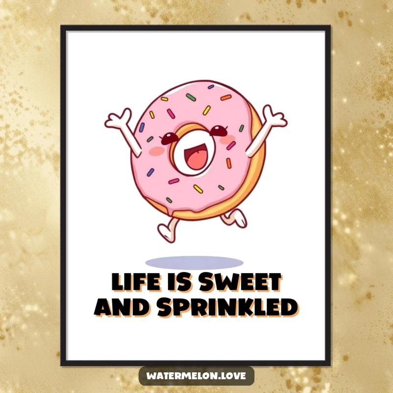 Funny Free Printable Wall Art: An anthropomorphic donut with colorful sprinkles caught mid-leap, exuding pure joy and playfulness.
