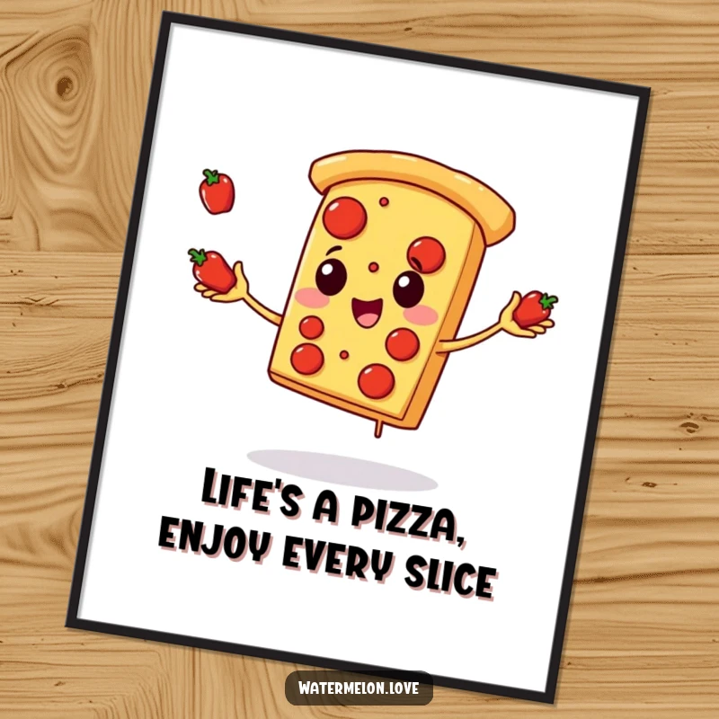 Funny Free Printable Wall Art: A happy anthropomorphic pizza slice expertly juggling tiny pepperoni pieces with a grin.