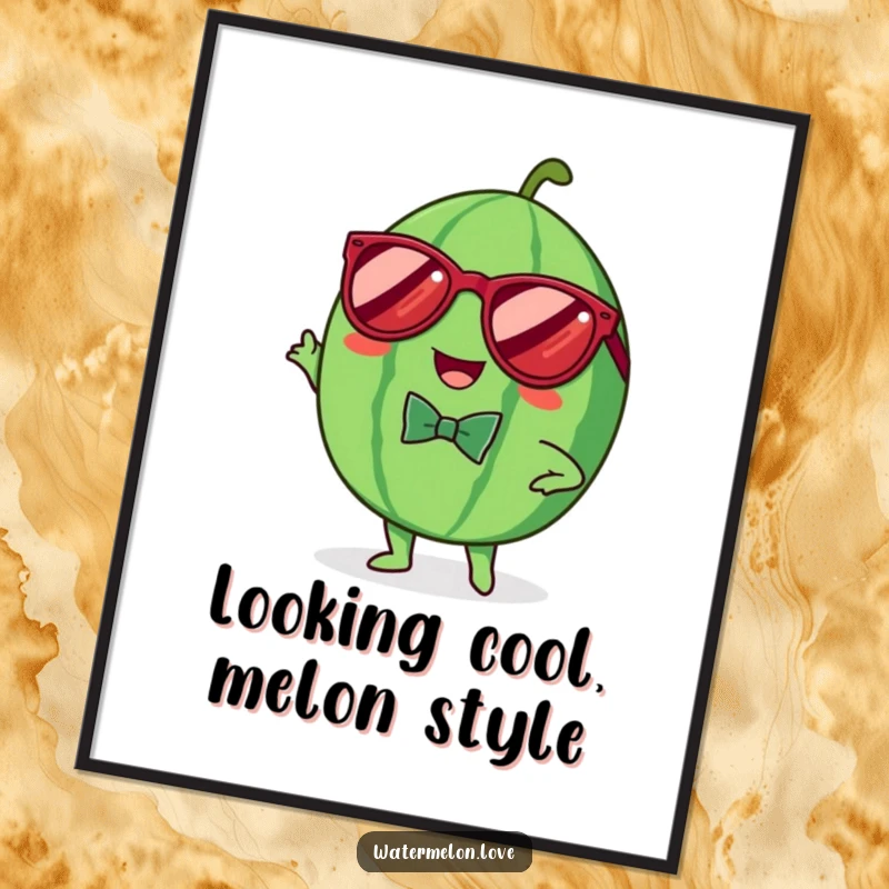 Free Printable Wall Art: A cheerful Kawaii watermelon in sunglasses and a bowtie, striking a confident and stylish pose.