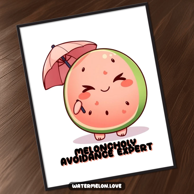 Funny Free Printable Wall Art: Kawaii watermelon slice giving a mischievous wink, holding a tiny umbrella, quirky illustration.