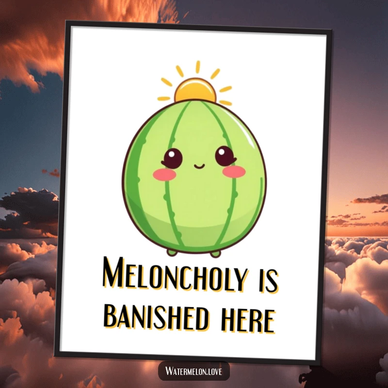 Funny Free Printable Wall Art: A watermelon character adorned with a golden sunshine halo gazes upwards, radiating peace and joy.