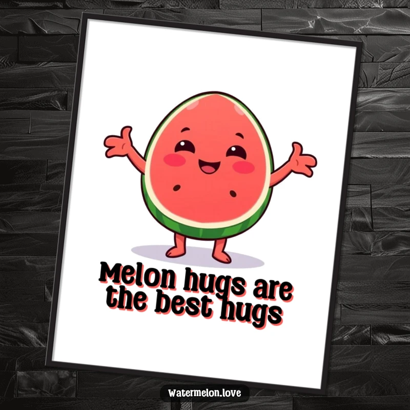 Funny Free Printable Wall Art: A cheerful Kawaii watermelon wedge with arms outstretched, offering a comforting and friendly hug.
