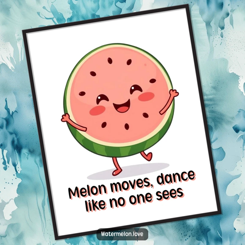 Funny Free Printable Wall Art: A cheerful watermelon slice with tiny legs captured mid-dance, bringing quirky joy to any room.